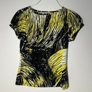 EUC Womens Worthington Petite Stretch Small Yellow Black White Blouse Shirt Top